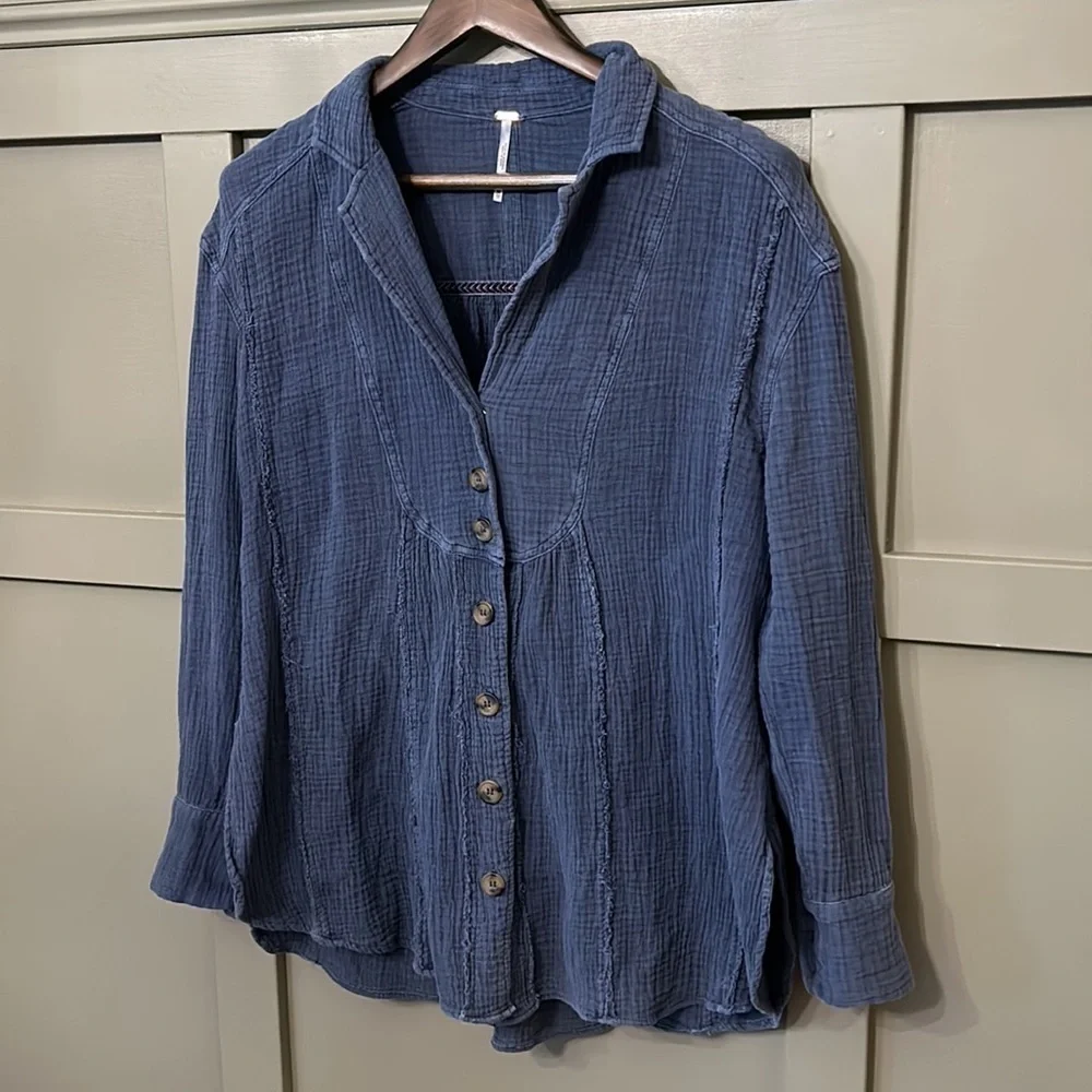 FREE People All About The Feels Button Up Shirt 100% Cotton Gauze Blue Size XS